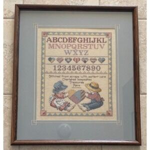 Vtg Professionally Framed Cross Stitch Sampler Country Alpahabet Kids 19x21